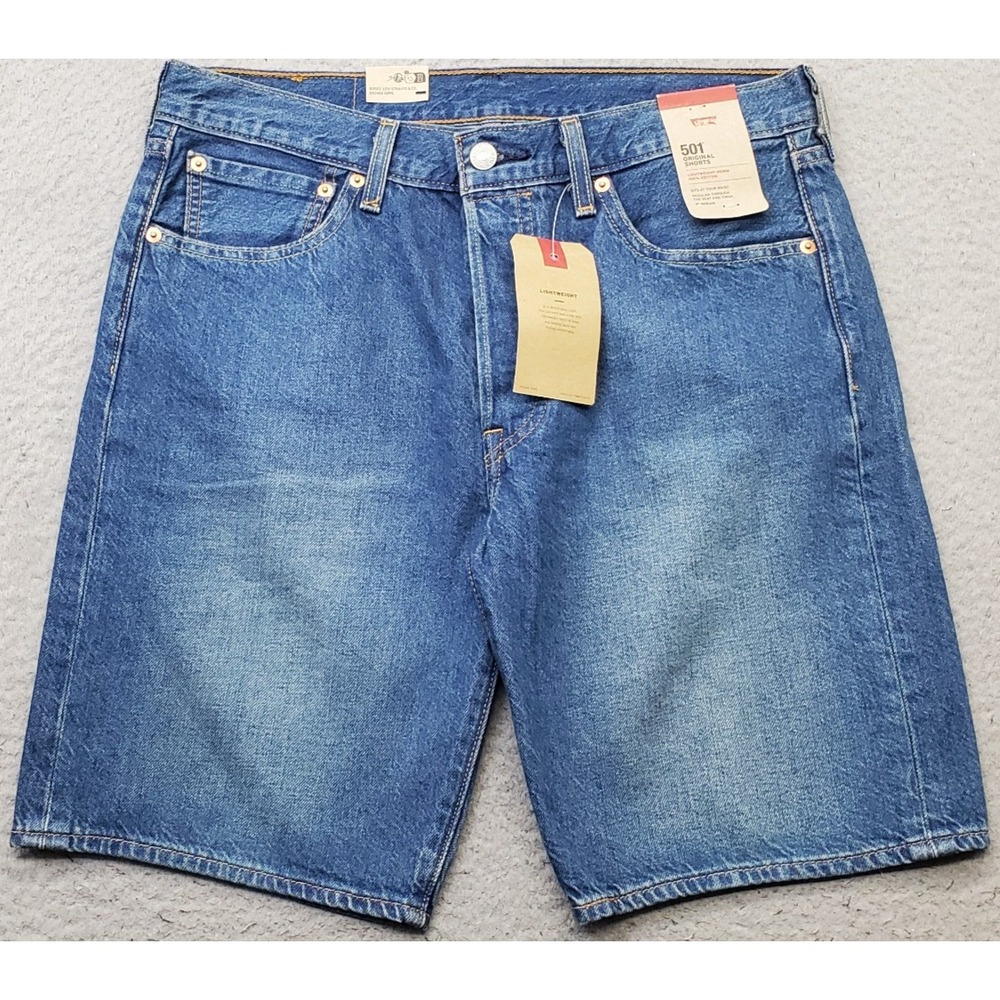 Levi's 501 Original Shorts Mens 32 Blue Denim Faded Mid Wash Stretch Button Fly